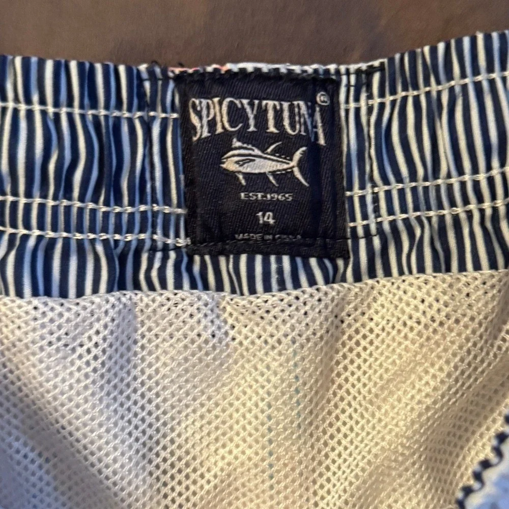 Spicy Tuna Boys Pink Flamingo Swim Trunks Blue Tropical Board Shorts Size 14